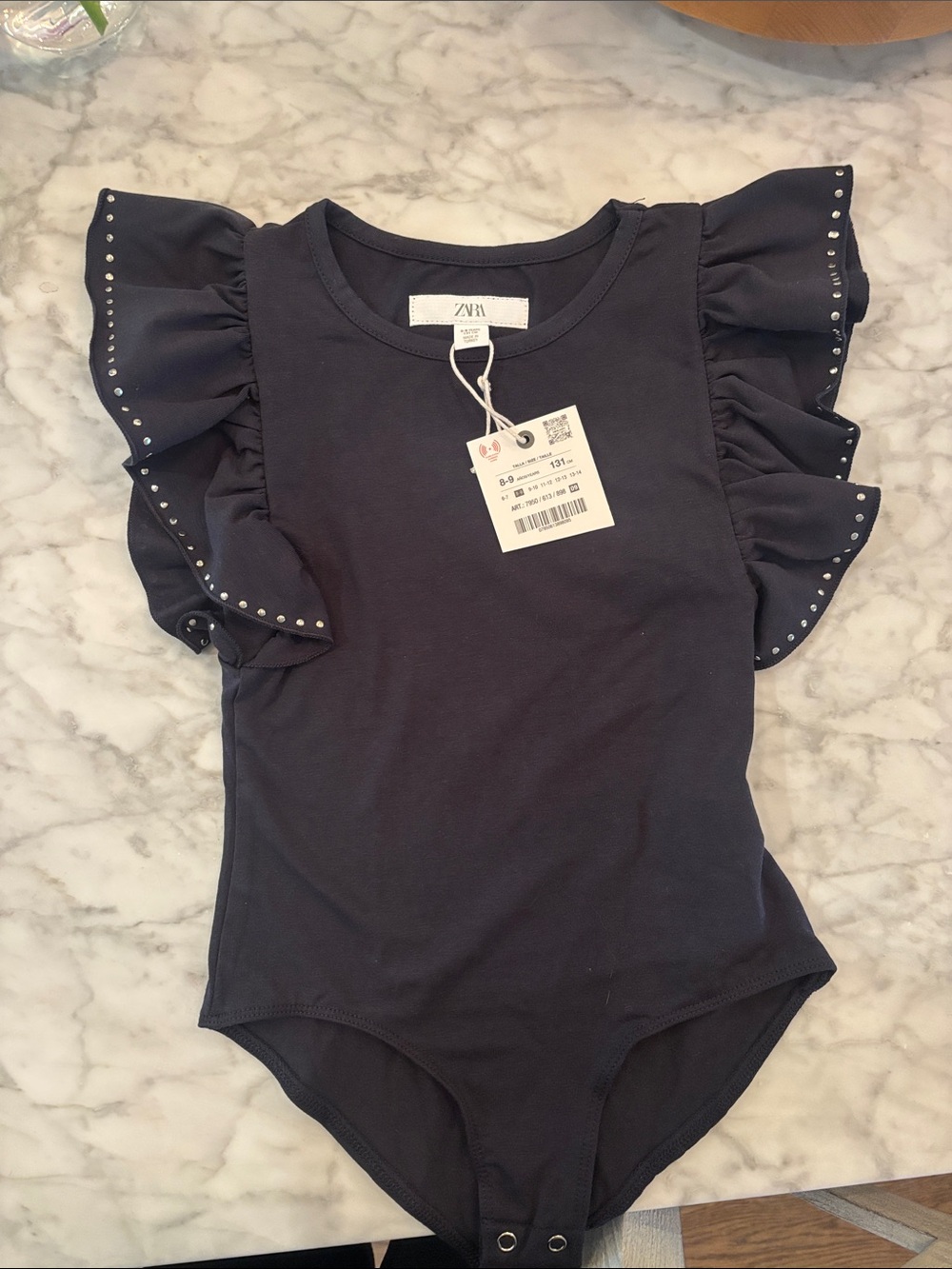 ZARA Navy Ruffle Sleeve Bodysuit with Stud Trim